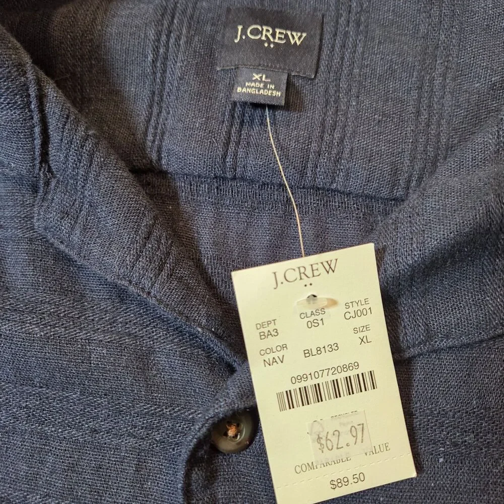J.Crew Mens XL Linen Cotton Camp Collar Shirt Navy Short Sleeve NWT